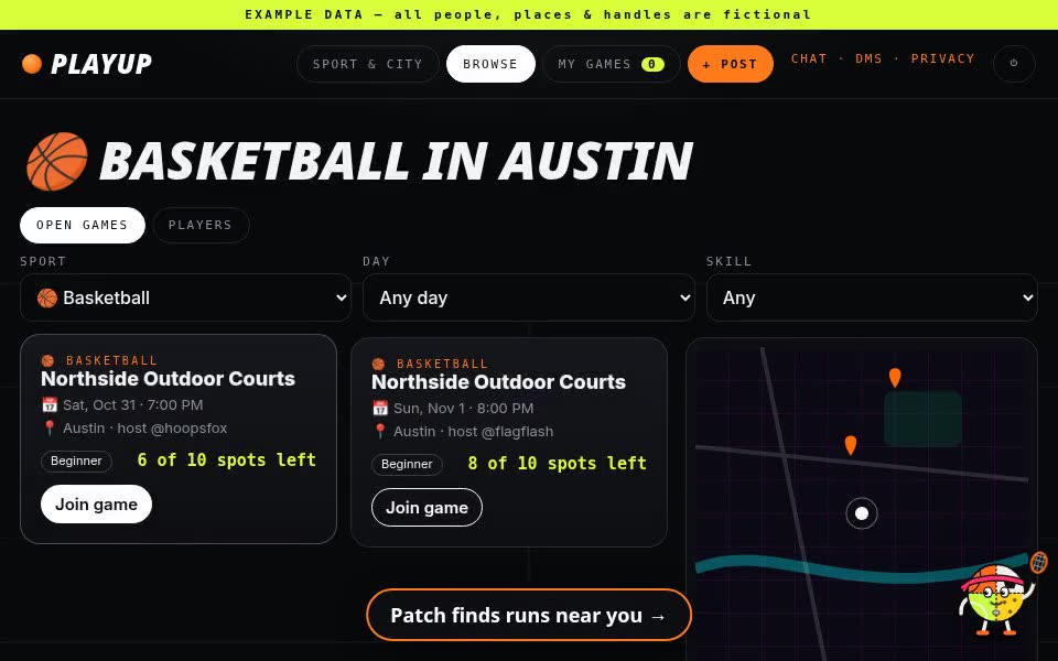 Screenshot: Choose a sport and city